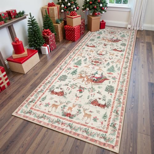 Lahome Christmas Runner Rug 2x8 Beige Rug Runners for Hallways Non Slip,Washable Kitchen Bathroom...