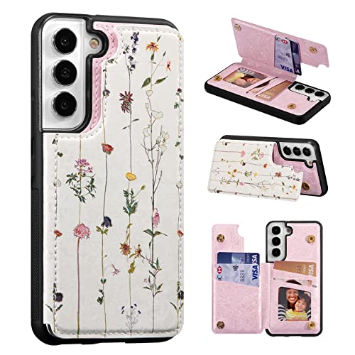 UEEBAI Wallet Case for Samsung Galaxy S21 FE 5G with Card Holders, PU Leather Cover Kickstand RFID Blocking Double Magnetic Clasp Rilievo Flower Shockproof Flip Case for Women Girls - Tree Vine