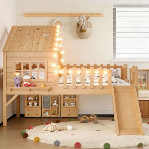 Bellemave Full Size Kids Low Loft Bed with Slide House Loft Bed with LED Lights and Ladder Solid Wood Girls Loft Bed Frame with Safety Guardrails for Girls Boys Natural
