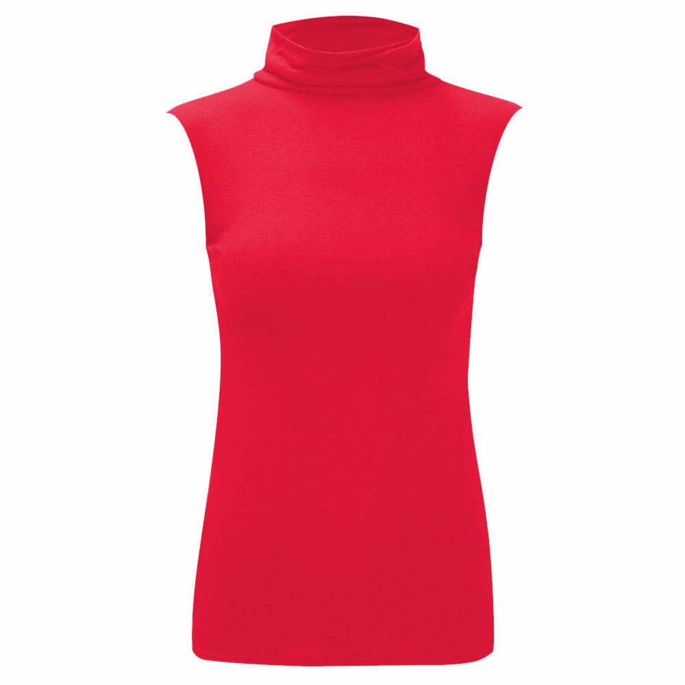 Janisramone Women's Red Turtle Polo Neck Sleeveless T-Shirt Plain Casual Stretchy Bodycon Vest Tee Top