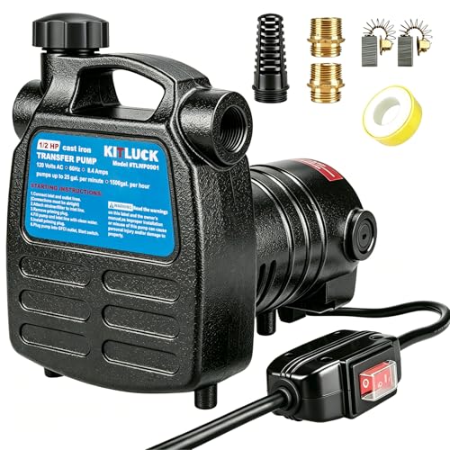 Water Transfer Pump, KITLUCK 120V 1/2 HP 1500GPH Cast Iron Portable Electric Utility Water Pump, Heavy Duty High Pressure Transfer Pump with ON/OFF Switch, Suction Strainer and Brass Connectors