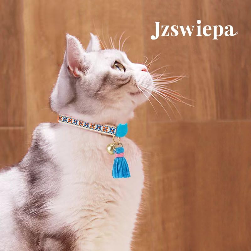 Miniatura 2 de Jzswiepa Paquete de 2 collares de gato con bonito patrón colorido para gato, niño y niña, longitud ajustable con borla de campana, patrón tribal