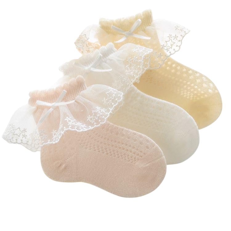 cuteably Baby Girls Lace Ruffle Ankle Socks, 3 Pairs, White Pink Cream, Princess Style-picture-49