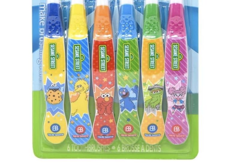 Image of Brush Buddies Sesame Street Toothbrushes for Kids, Soft Bristle Toddler Toothbrushes Ages 2-4, Fun Sesame Street Designs, 6-Count Set