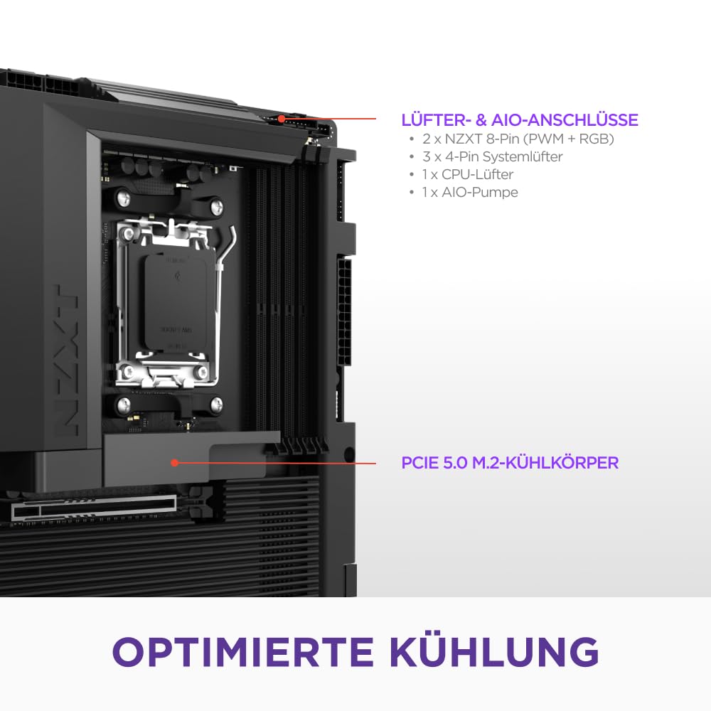 NZXT N7 B850 - AMD B850 AM5 ATX Mainboard - Schwarz | AMD-B850-ATX-Mainboard für Ryzen 9000/8000/7000. Wi-Fi, PCIe 5.0, DDR5 und RGB-Full-Cover. Mittelklasse-Power, cleaner Look.