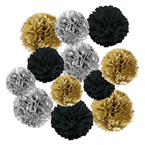 Wartoon tissue paper pom poms flower ball decor paper kit for birthdays, weddings, baby showers, parties, decoration or party decoration Gold, Silber und Schwarz Cover