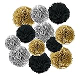 12 pzs Pom de papel de tejido: allí poms del pom del papel vienen con 3 color diferente ( Negro, Dorado y Plata ), cada color tiene 3 tamaño, miden son 8 pulgadas, 10 pulgadas y 12 pulgadas.