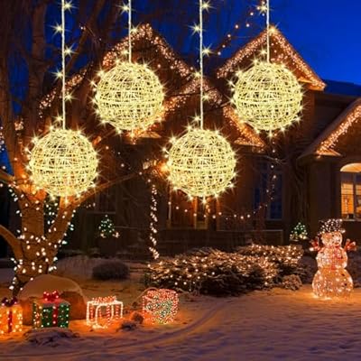 Outdoor Christmas Balls Lights 4 Pack Hanging 7.9" LED Garden Sphere Tree Lights 8 Modes Waterproof Glow Globe Lights with Memory Timer Plug for Party Yard Porch Eave Patio Xmas Decoration-Warm White