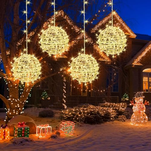 Outdoor Christmas Balls Lights 4 Pack Hanging 7.1" LED Garden Sphere Tree Lights 8 Modes Waterproof Glow Globe Lights with Memory Timer Plug for Party Yard Porch Eave Patio Xmas Decorations-Warm White by SenLuKit - Used condition - US$28.20