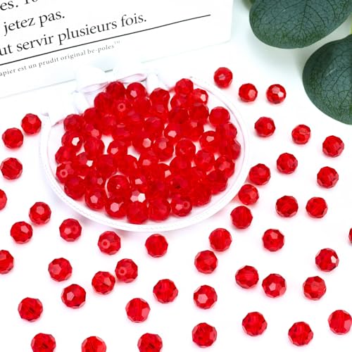 Dowarm 100 Pieces 8MM Round Crystal Glass Beads for Jewelry Making, Faceted Rondelle Crystal Beads for Crafts Wine Charms Wind Chimes Suncatchers, Finding Jewelry Spacer Beads, Red/Siam