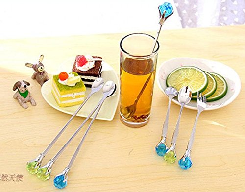 Welliestr Set Of 4Pcs Lovely Tableware Crystal/Rhinestone Stainless Steel Mixing Spoon, Cocktail Shaker Spoon,Party Stir Bar Spoon,Long Handle Spoon (Random Color) #TOP7