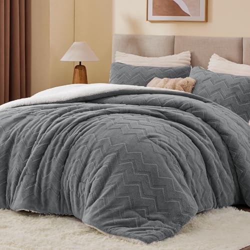 Image of BEDELITE Fluffy Sherpa California King Comforter Set,Grey | Super Soft & Warm Fleece Bedding, Luxury Fuzzy Comforter for Winter, Heavy Plush Bedding Set,2 Pillowcases