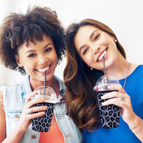 Image of 3 Pack Reusable Neoprene Insulator Sleeve for Iced Coffee Cups, Funny Coffee Cup Sleeves for 16-32oz Coffee cups, Cute Drink Sleeve for Cold Hot Beverages Cute Grey Leopard