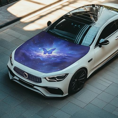 Image of Car Hood Cover Protector,Waterproof Polyester Breathable Print Hood Covers for Cars,Decoration Universal Car Accessories Blue Butterfly Star Print