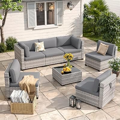 MAISON BACKYARDS 6-Seat Modular Patio Furniture Set – Outdoor Wicker Sectional Sofa with Thick 4? Cushions, Dual-Strand PE Rattan, Rust-Resistant 18 mm Steel Frame, Backyard Garden Deck Lounge,Gray