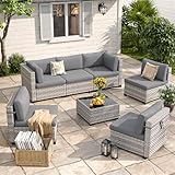 MAISON BACKYARDS 6-Seat Modular Patio Furniture Set – Outdoor Wicker Sectional Sofa with Thick 4″ Cushions, Dual-Strand PE Rattan, Rust-Resistant 18 mm Steel Frame, Backyard Garden Deck Lounge,Gray