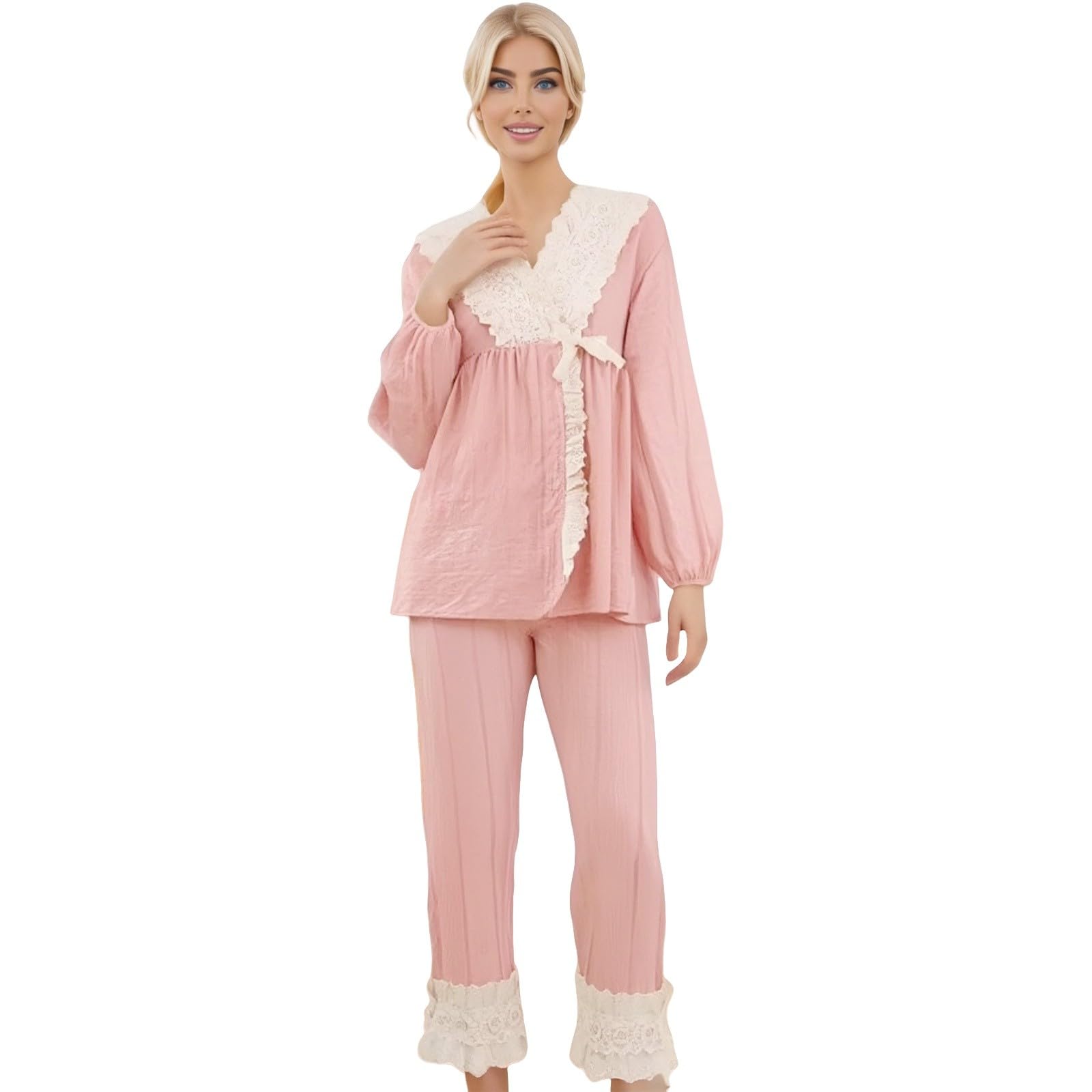 Damen Pyjama Set,Damen-Pyjama-Set Mit Langen ÄRmeln Und Jacquard-Muster ÜBergrößE Lockeres Spitzen-Homedress-Set
