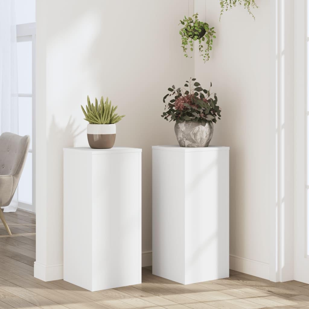Set di 2 supporti per piante, bianco, 30 x 30 x 70 cm, in legno | Piastra superiore stabile, corpo cavo riempibile con sabbia, supporto da parete incluso, resistente all'umidità