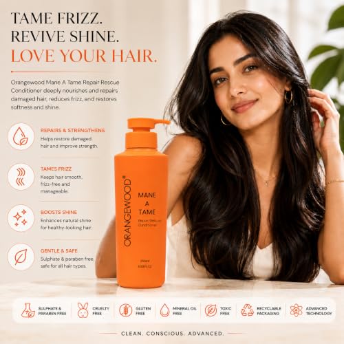 Image of Orangewood Mane‑A‑Tame Repair Rescue Shampoo & Conditioner - 2 x 350 ml Combo - Sulphate‑, Paraben‑ & Mineral‑Oil‑Free - Infused with Lime, Avocado & Quinoa to Smooth & Repair Damaged Hair