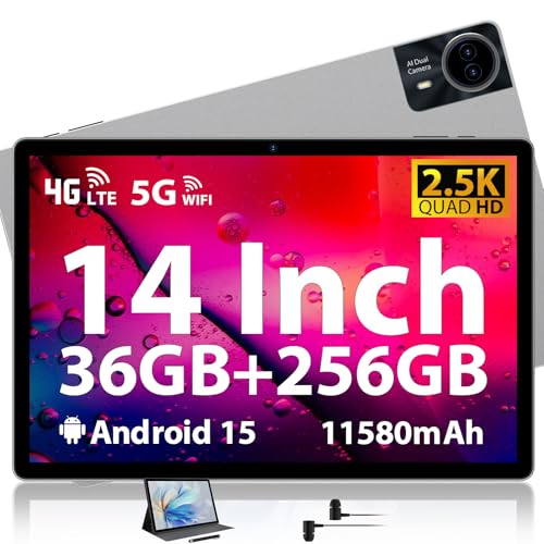 14 Inch Tablet 2.5K Dsiplay 36GB RAM 256GB ROM/TF 1TB Octa-Core Gaming Tablet 4G LTE Dual SIM + 5G WiFi Android 15 Large Tablet GPS/Quad Speakers/Metal Body/11580mAh Earphone/Case/Pen Incl.