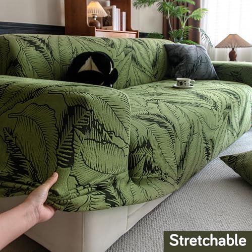 Image of HOKIPO 200gsm Dual Tone Knitting Jacquard Sofa Cover 3 Seater Fully Covered, Olive Green (AR-6034-GRN)