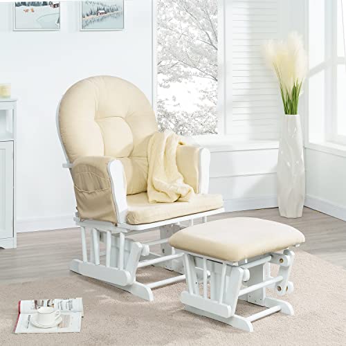 Naomi Home Brisbane Glider and Ottoman Set with Smooth Rocking & Gliding Motion, Ergonomic High-Back Support, Cushioned Armrests, Solid Wood Base, Storage Pockets, White/Cream Nursery Chair