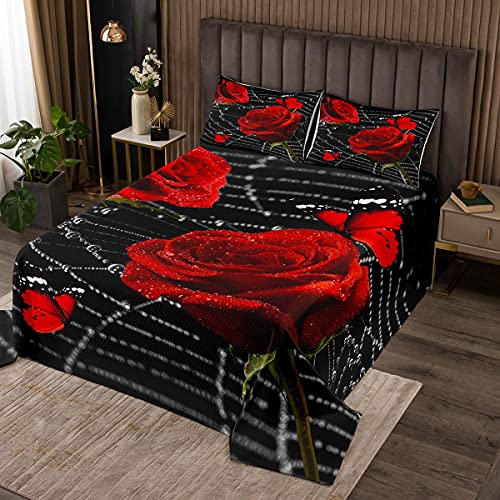 Edredón de flores rojas de 170 x 210 cm, diseño floral de Girly Womens Floral Flowerfly, juego de ropa de cama para niños, ropa de cama acolchada, regalo de San Valentín