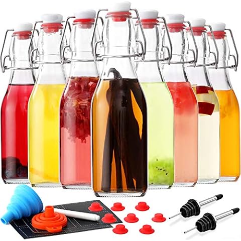 AOZITA 8-Pack 8.5oz Flip Top Glass Bottles, Swing Top Beer Brewing Bottle for 2nd Fermentation, Kombucha, Kefir, Vanilla Extract, Coquito, Juice, Tea - Airtight Stopper Cap Lid, Bonus 2 Bottle Pourers Cover