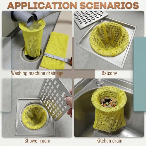 SATINIOR 8 Pack Disposable Mesh Strainers for Floor Drains Yellow Mesh Drain Sock Strainer with 3.64 Inch Metal Ring on Top for Commercial Kitchens, Restaurants & Facilities Prevent Clogs & Odors (3\") - Thumbnail 6