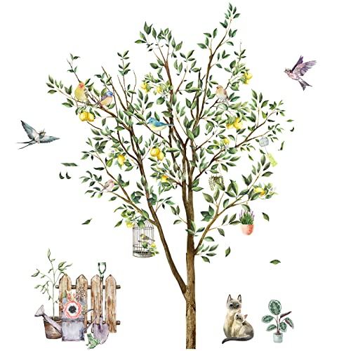 Drwssr Fresh Lemon Tree Wall Decals Bird Cat Wall Stickers Big Green Tree Wall Art Mural Diy Peel And Stick Removable Wallpaper For Living Room Bedroom Rental House Home Decoration #TOP2