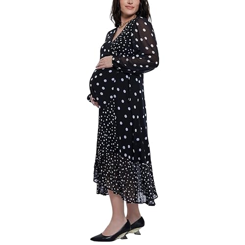Womens Long Sleeve Wrap Flounce Midi Pregnancy Dress