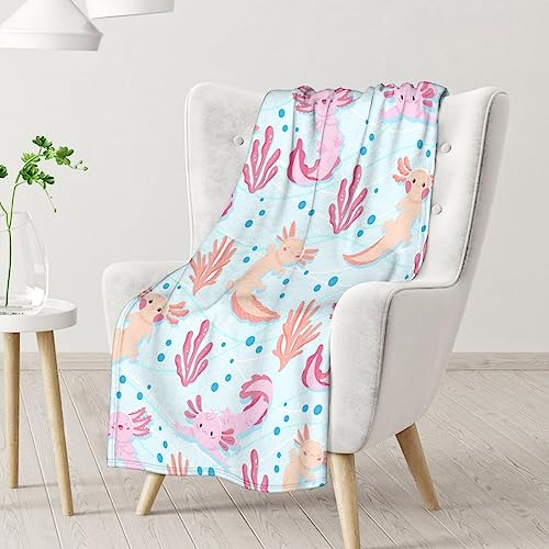 Girl Blanket - 60x80 Inches Cute Axolotl Throw - Light Blue Soft Fuzzy Blankets for Bed, Couch & Living Room