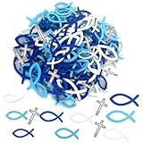 Soiftra 120 Stück Holzfische Deko, 5 cm Holz Ornamente mit Silber Kreuze, Weiß Hellblau Dunkelblau, Tischdeko für Taufe, Kommunion, Konfirmation, Streudeko & Deko für Zuhause