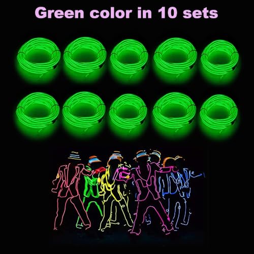 Image of MaxLax EL Wire Green 10-Pack, 16.4ft /5m Neon Light Wire with Noise Reduction and Battery Pack
