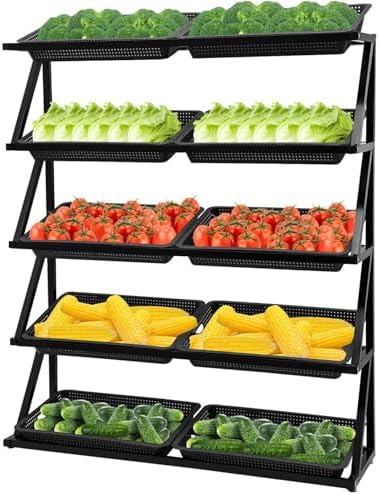 Fruit Vegetable Snack Basket Stand, Market Basket Food Storage Organizer,Kitchen Produce Pantry Display Rack for Retail and Home Use,Black-125×35×140cm
