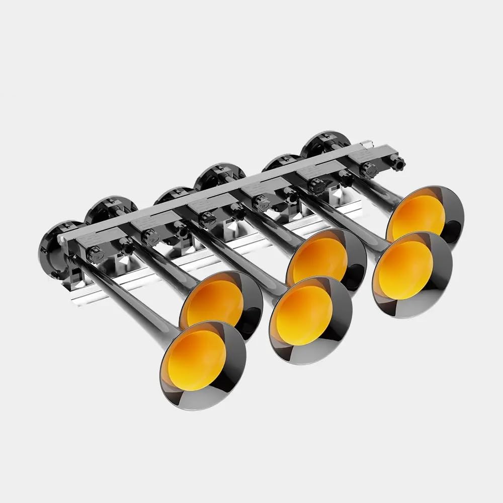 BASURI® Musical Air Horn | 12 & 24 Volt | 130 DB | Version (Baby Shark 4.0) 22 Super Loud Melodies (Sounds) 6 Pipe (Trumpets) For Bus, Truck and Heavy Duty Vehicles