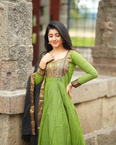 Image of Women's Vichitra Silk Anarkali Gown with Dupatta, Navy Blue Flared Traditional Dress with Magenta Zari Border, Jacquard Weaving Full Sleeves Ethnic Suit