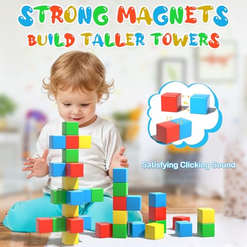 Image of Magnetic Blocks, 28PCS Magnetic Building Blocks, 1.34 inch 3D Cubes for Toddlers, Preschool Educational Construction Kit, Sensory Montessori Toys Kids Blocks for Boys Girls