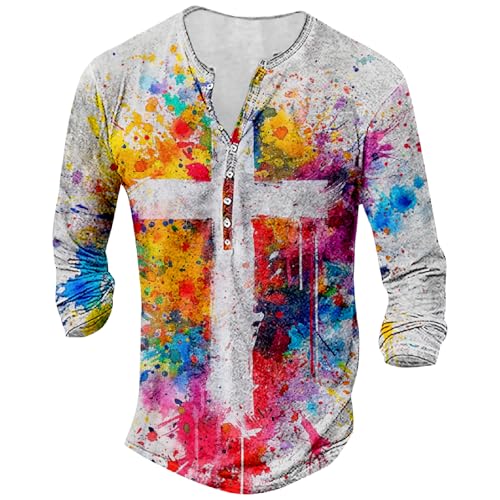 Mens Henley Shirts Graphic V Neck Long Sleeve Pullover Shirts 8Pcs Buttons Up Vintage Hippie Streetwear Tees Top