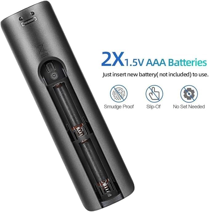 Karibu-up view of the remote control's battery compartment with two AAA batteries inserted.