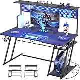 55'' Black Gaming Desk with Hutch and LED Lights, Gaming Computer Desk with Storage Shelves &amp; Z-Shaped Legs, Reversible PC Gaming Desk with Pegboard, Ergonomic Desk for Bedroom, Carbon Fiber Surface