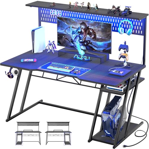Armocity Gaming Computer Desk with Hutch and LED Lights, 53'' Black Gaming Desk with Storage Shelves, Reversible PC Gamer Desks with Pegboard, Ergonomic Desk for Bedroom, Carbon Fiber Surface