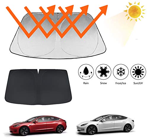 Mustbe Strong Pare-Brise Pare-Soleil pour Tesla Model 3, Bloque Les Rayons UV Visière Pare-Soleil Protector Fenêtre Avant Rabattable Pare-Soleil pour Véhicule Gardez Cooler Facile À Utiliser Cover
