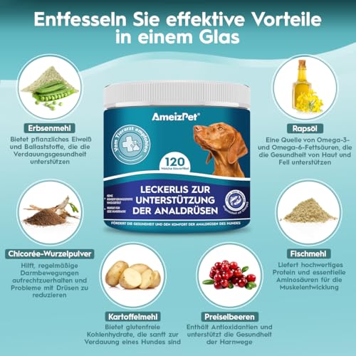 AmeizPet Hunde Weiche Leckerlis Analdrüsen Salbe für Hund, Analdrüsen Salbe Hund Verdauungssnacks, 120 Hunde Leckerlis