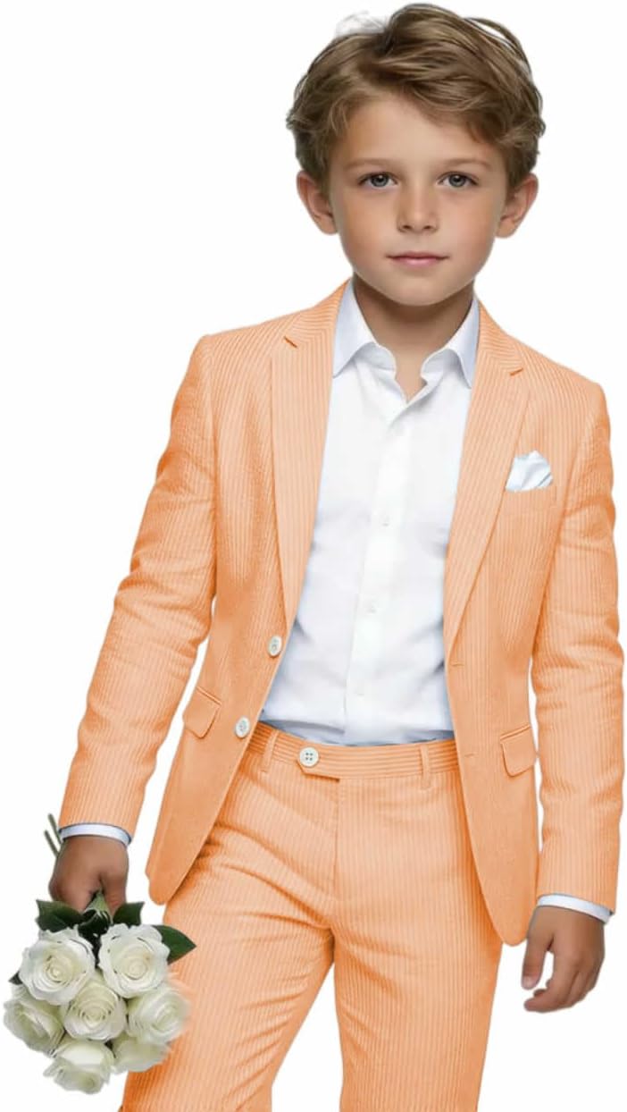 Kids Seersucker Suit Lightweight Striped Formal Homecoming Wedding Ring Bearer Outfits 2 Piece Suits for Boys