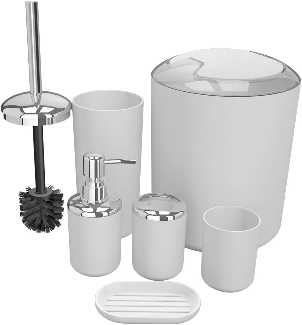TEKITSFUN White Bathroom Accessories Set, 6 Pieces Plastic Gift Bath Accessory Set Luxury Ensemble Includes Toothbrush Holder,Toothbrush Cup,Soap Dispenser,Soap Dish,Toilet Brush Holder,Trash Can