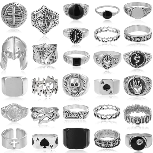 28 Pcs Vintage Silver Punk Rings Set for Men Cool Gothic Chunky Rings Statement Skull Cross Signet Ring Set