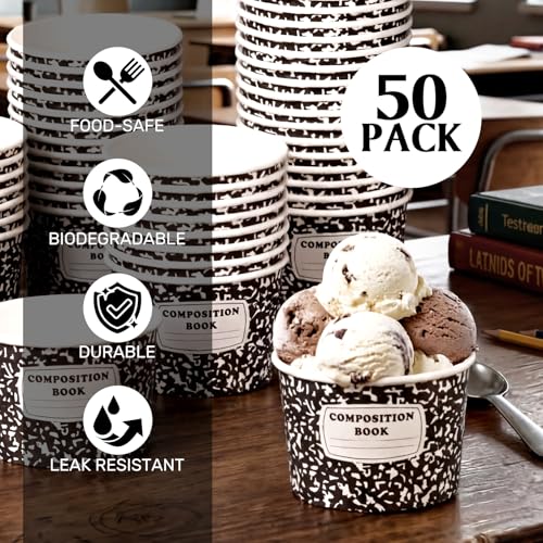 Image of Funnymoom 50 Pack Back to School Paper Ice Cream Cups 9 oz Black White Composition Book Disposable Dessert Bowl First Day of School Soup Bowls for Preschool Kindergarten Graduation End of Year Party