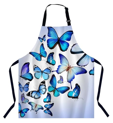 Xuwenz Blue Butterflies Art Chefs Apron, Cooking and Baking Apron for Men and Women, Kitchen Apron, Butchers Apron, BBQ & Catering Bibs
