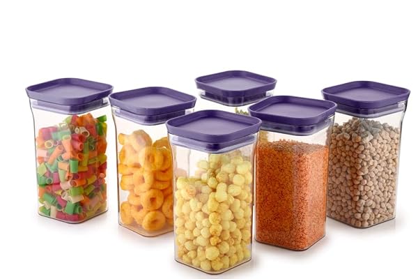 Homeor Plastic Storage Jar and Container Set I Air Tight & BPA Free Stackable Containers for Kitchen Storage Set I Grocery Kitchen Container Set I Multipurpose Kitchen Jar, 1100 Ml Each, Set 6, Purple